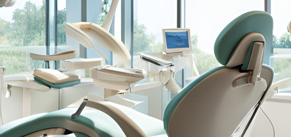 dental practice with dental chair and dental handpieces on display
