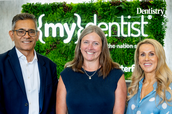 mydentist chief executive Nilesh Pandya, chief clinical officer Nyree Whitley and Dentaid head of clinical and policy Catherine Rutland pose for a picture after the fireside chat with Chief Dental Officer Jason Wong